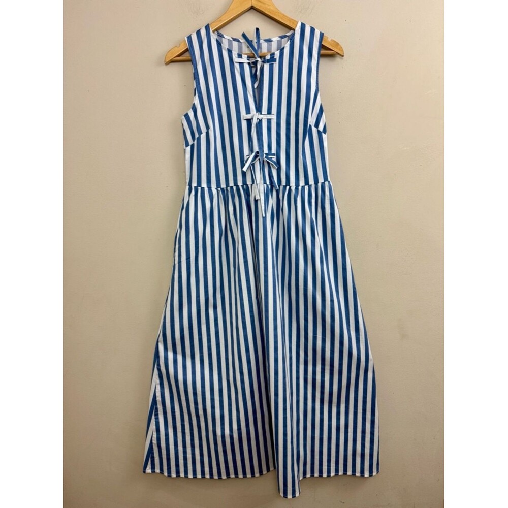 Joie Bow Front Midi Dress Blue White Stripe size XS Nautical Coquette Cottage